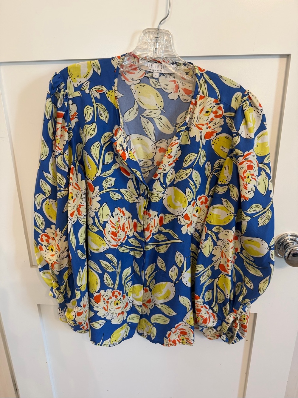 HUNTER BELL Blue Floral V-Neck Blouse with Green and Cream Accents